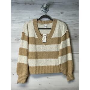Hippie Rose Sweater Beige Brown Striped V Neck Long Sleeve Knit‎ Pullover Size S